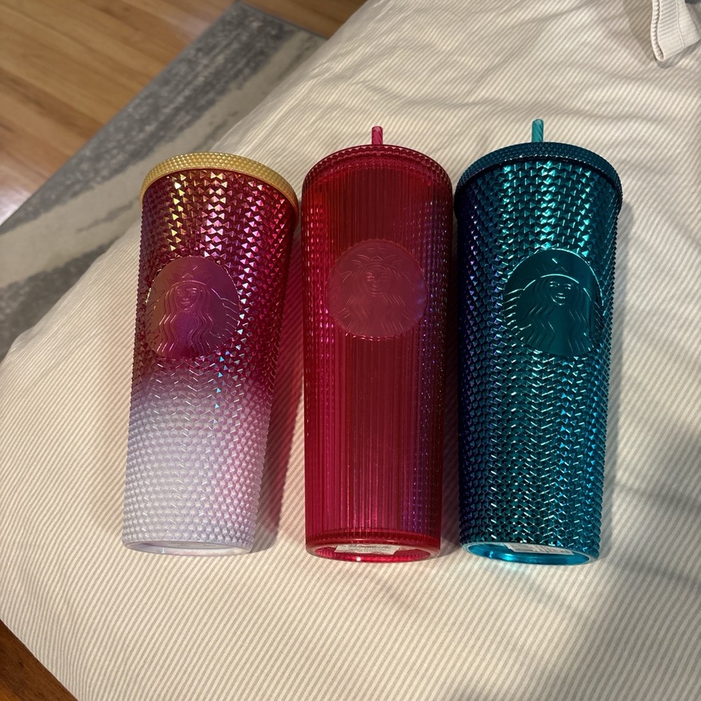 Starbucks Gold, Red, and Blue Tumbler Trio
